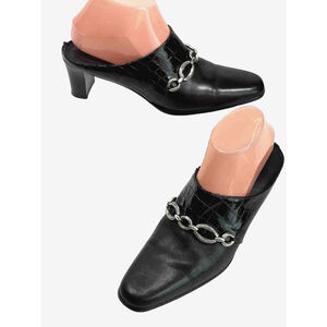 Brighton Brown Mules Shoes Croc Leather Heeled Chain Womens Size 8.5 M US